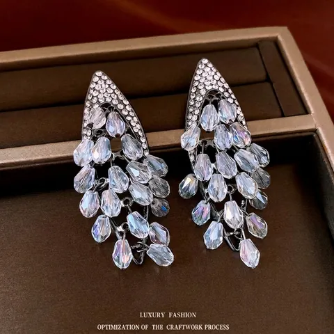 Orecchini Pendenti Geometrici Di Lusso Vintage Per Donna Con Nappa In Vetro E Strass Perno In Argento Sterling 925