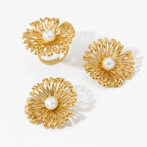 Daisy Flower Artificial Pearl Earrings And Adjustable Ring Stainless Steel Gold Plated Retro French Luxury Jewelry For Women
