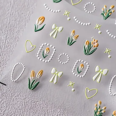 5D Relief Nail Art Stickers Tulip Artificial Pearl Bow Self Adhesive Embossed Decals Manicure Decoration Elegant Style