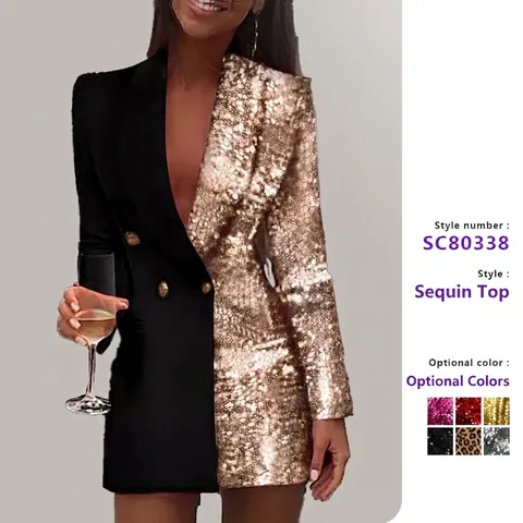 Pailletten Patchwork Blazer Jurk Sexy Diepe V Hals Lange Mouwen Double Breasted Mini Feest Clubwear Voor Dames