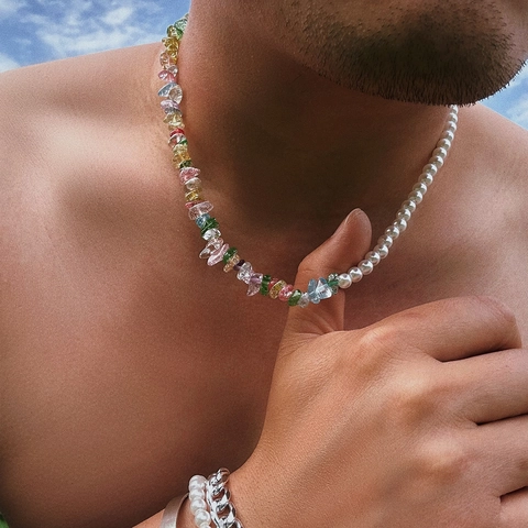 Fashion Necklace Half White Imitation Artificial Pearl And Colorful Crushed Stone Turquoise Gold Clasp Individual Style Unisex