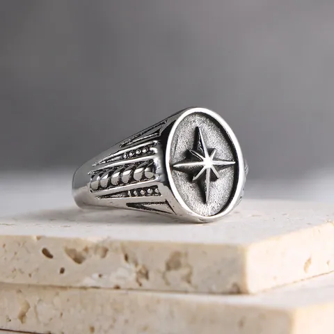 Anillo De Sello Retro Para Hombre Acero Inoxidable Estrella De Ocho Puntas Polaris Brújula En Relieve Joyería Punk