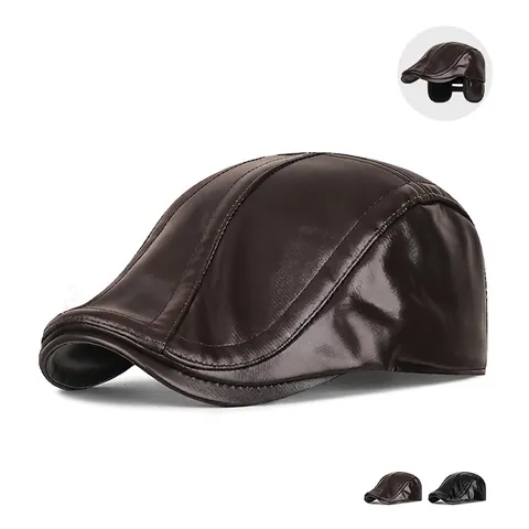 Coppola Da Uomo In Pelle PU Con Paraorecchie Foderata In Pile Calda Antivento Outdoor Regolabile Vintage Ivy Inverno