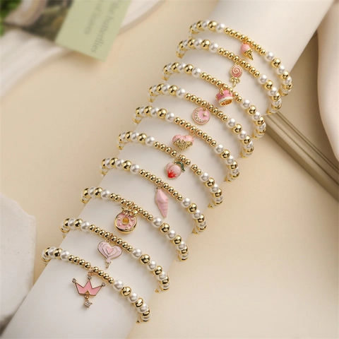 Bracelet Perlé Avec Künstliche Perles En Cuivre Et Imitation Künstliche Perle Pendentifs En Émail Rose Bijoux Mode Pour Femmes Et Filles