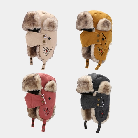 Winter Ushanka Trapper Hat Faux Fur Lining With Mask Windproof Ear Flaps Warm Outdoor Cycling Cartoon Dog Embroidery