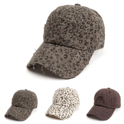 Leopard Print Baseball Cap Cotton Distressed Broken Hole Vintage Adjustable Sunshade Outdoor Unisex Hat