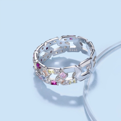 S925 Sterling Silver Geometric Hollow Chain Ring For Women With Colorful Cubic Zirconia Fashion Commute Finger Jewelry Gift