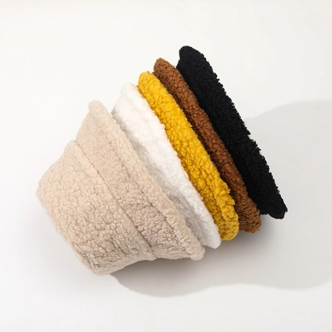 Women Faux Lambswool Bucket Hat Warm Winter Solid Color Plush Sherpa Fleece Windproof Soft Minimalist Casual Headwear