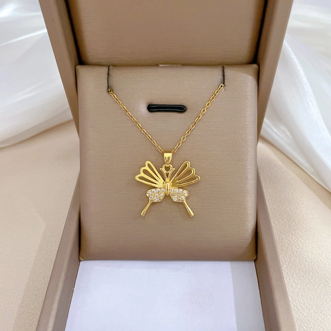 Butterfly Pendant Necklace With Stainless Steel Chain Copper Zircon Inlaid Hollow Gold Plated Elegant Jewelry For Women