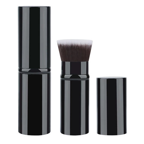 Retractable Foundation Brush Portable Travel Makeup Tool With Lid Aluminum Tube Fiber Bristles Black