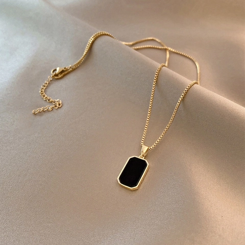 Alloy Pendant Necklace With Black Rectangle Charm Gold Color Box Chain Minimalist Trendy Jewelry For Women