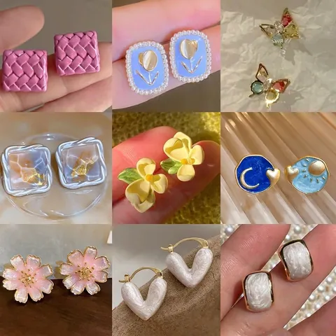 Sweet Flower Heart Butterfly Stud Earrings Alloy Enamel With Silver Earring Post For Women Girls Vintage Style