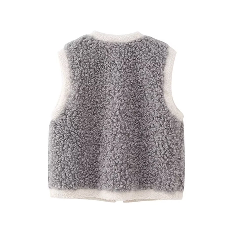 Gilet Da Donna In Finta Lana Di Agnello Scollo A V Senza Maniche Apertura Frontale Sherpa Fleece Colore A Contrasto Grigio