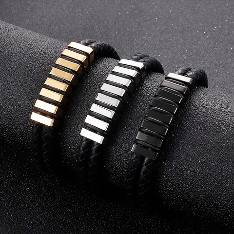 Lagen Geflochtenes Lederarmband Für Herren Mit Magnetverschluss Aus Edelstahl Industrieller Geometrischer Stil