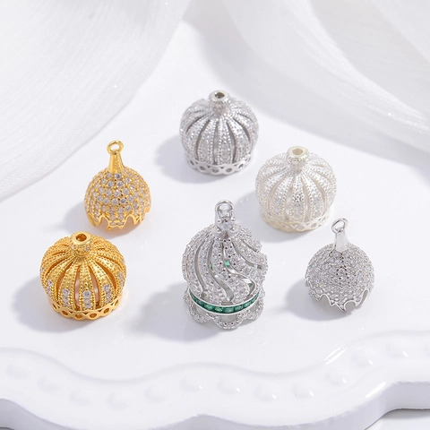 Coppette Per Künstliche Perle In Argento Sterling 925 Con Zirconi Corona Cava Zucca Bocciolo Di Fiore Per Creazione Gioielli DIY
