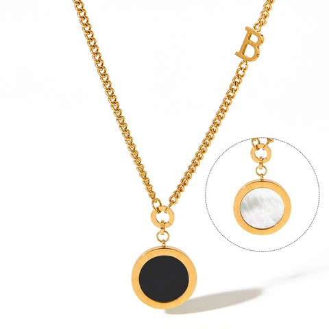 Collana Rotonda Double Face Madreperla Smalto Nero Catena Lunga In Acciaio Inossidabile Numeri Romani Lettera B Per Donna
