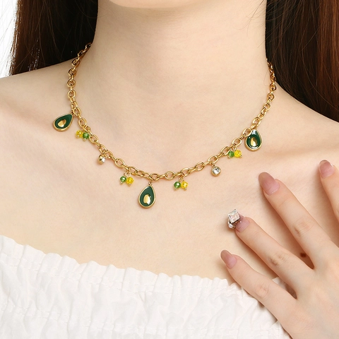 Avocado Anhänger Halskette Edelstahl Bunte Perlen Strass Obst Schmuck Damen Süß Emaille Stil