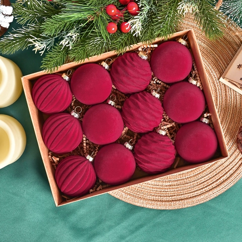 Flocked Velvet Christmas Ball Ornaments Textured Smooth Hanging Baubles For Holiday Tree Home Festive Decoration