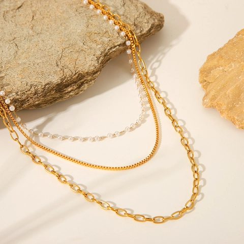 Collar De Capas Bañado En Oro 18K Acero Inoxidable Perla Artificial Joyería Elegante Para Mujer Tendencia
