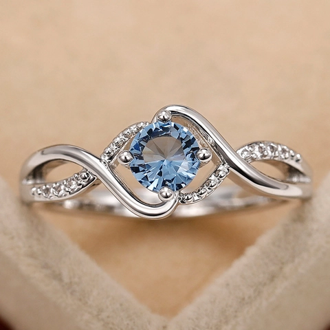 Golfvormige Infinity Band Ring Koper Met Blauwe Ronde Zirkon Voor Vrouwen Luxe Mode Elegante Sieraden Handornament