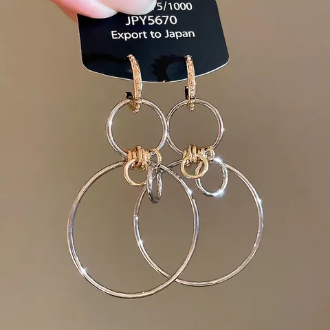 Orecchini A Pendente Con Cerchi Incastonati Geometrici Lega Bicolore Oro Argento Con Perno In Argento Sterling 925