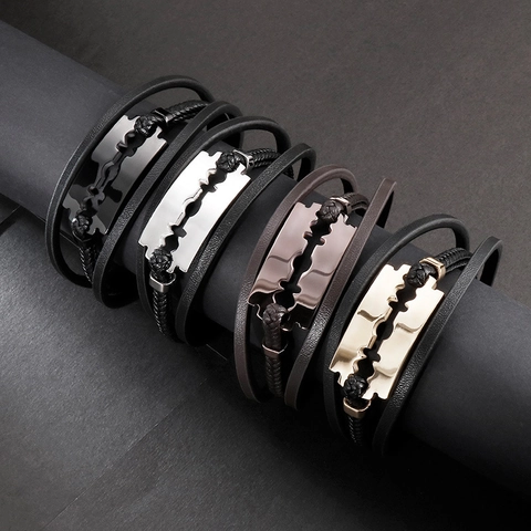 Pulsera De Cuero De Varias Capas Para Hombre Con Dije De Hoja De Afeitar De Acero Inoxidable Joyería Punk Cierre Magnético