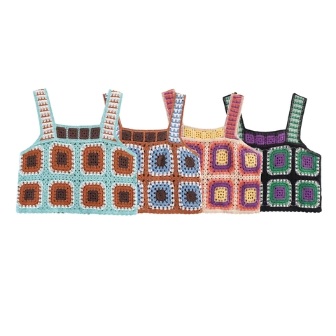 Damen Häkel Top Granny Square Boho Vintage Eckiger Ausschnitt Ärmellos Strick Crop Cami Sommer Strandmode Retro Stil