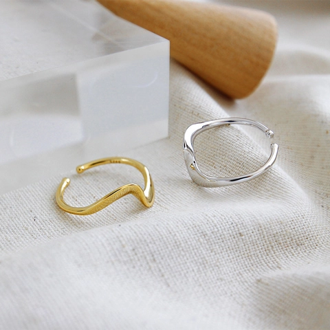 Anello Aperto a Onda in Argento Sterling 925 Minimalista da Donna Stile INS Coreano Anello Regolabile Irregolare Plissettato Liscio Gioielli Regalo