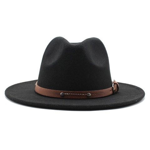Classic Fedora Hat Wide Brim Felt Vintage Jazz Style With Faux Leather Band Rivet Buckle For Men Women