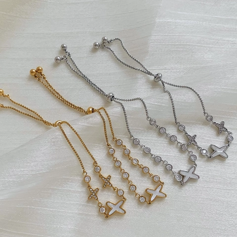 Adjustable Drawstring Bracelet Stainless Steel Star Cross Zircon Inlay Mother Of Artificial Pearl Charm For Women Chic Jewelry