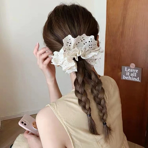 Choufleur En Dentelle Grands Elastiques Cheveux Coton Broderie Ajouré Bord Festonné Style Vintage Français Accessoires Cheveux Femmes