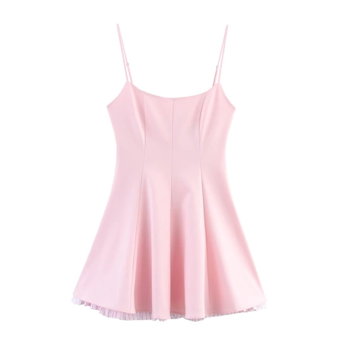 Pink Spaghetti Strap Mini Dress Stripe Patchwork Satin Polyester A-Line Summer Party Elegant Sleeveless