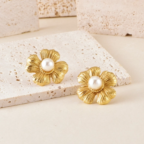 Orecchini a Bottone Vintage in Acciaio Inossidabile a Fiore con Perla Artificiale Oro Spirale Strass Gioielli per Donna