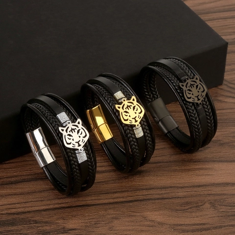 Herren Lederarmband Geflochten Edelstahl Tigerkopf Tieranhänger Mehrlagig Armreif Magnetverschluss Modeschmuck