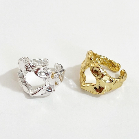 925 Sterling Silver Ring Irregular Lava Texture Hollow Liquid Metal Open Adjustable French Niche Style For Women