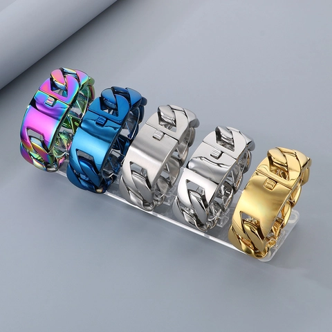 Pulsera De Cadena Cubana Hombre Acero De Titanio Eslabones Anchos Hip Hop Punk Joyería Dominate Chapado Al Vacío