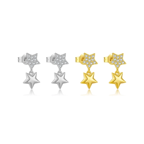 Elegantes Pendientes de Botón de Doble Estrella de Plata de Ley 925 para Mujer Joyas de Estrella Colgante de Strass para Boda