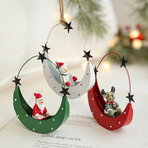 Christmas Hanging Ornaments Metal Iron Moon Boat With Santa Snowman Reindeer Resin Figures Star Holiday Tree Decor