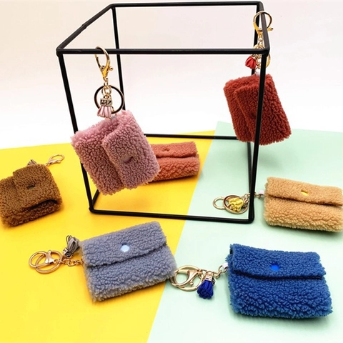 Mini Plush Coin Purse Keychain Cute Sherpa Earphone Pouch Pendant With Tassel Envelope Style Small Wallet For Women Girls