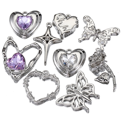 Alloy Rhinestone Heart Butterfly Charms For DIY Jewelry Making Silver Color Y2K Style Pendants