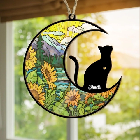 Acchiappasole Gatto Nero Sulla Luna Decorazione Appesa In Acrilico Stile Vetrata Arredamento Finestra Regalo Commemorativo Design Floreale