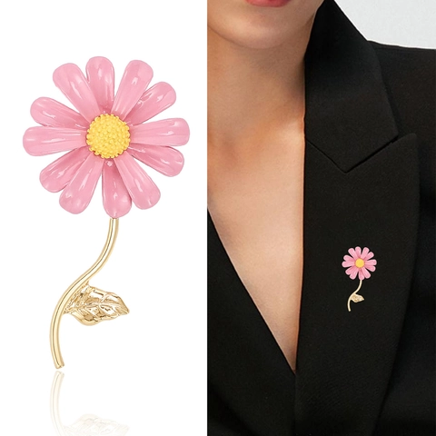Spilla a Forma di Margherita in Lega con Olio a Goccia Smaltata Gambo Oro Girasole Spilla Anti-esposizione Gioielli Moda Donna