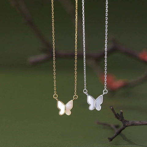 925 Sterling Silver Butterfly Pendant Necklace For Women White Mother Of Pearl Inlaid Choker Sweet Minimalist Fashion Jewelry Gold Silver Plated