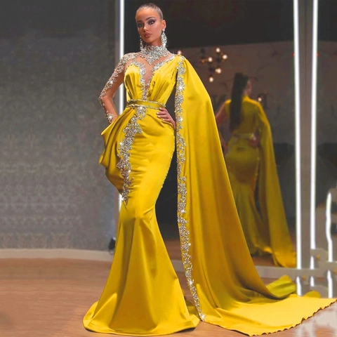 One Shoulder Yellow Satin Evening Gown For Women With Rhinestones And Sequin Cape Sleeve Mermaid Long Party Dress
