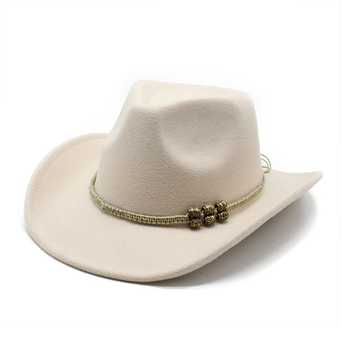 Western Cowboy Hat Woolen Felt Ethnic Retro Wide Brim Fedora With Braided Rope Metal Beads For Unisex