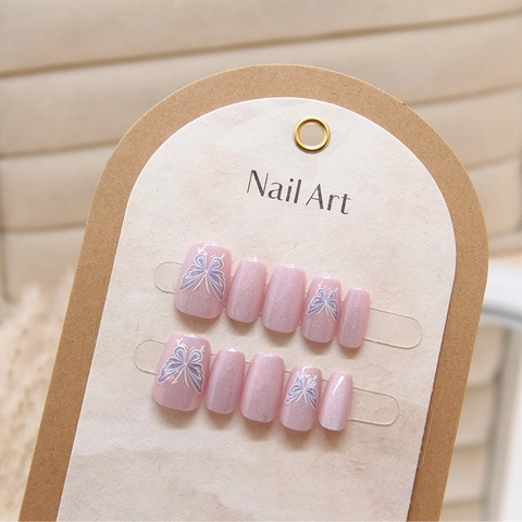Handmade Cat Eye Press On Nails Pink Shimmer Butterfly Design Long Square Round Artificial Finger Nails For Women