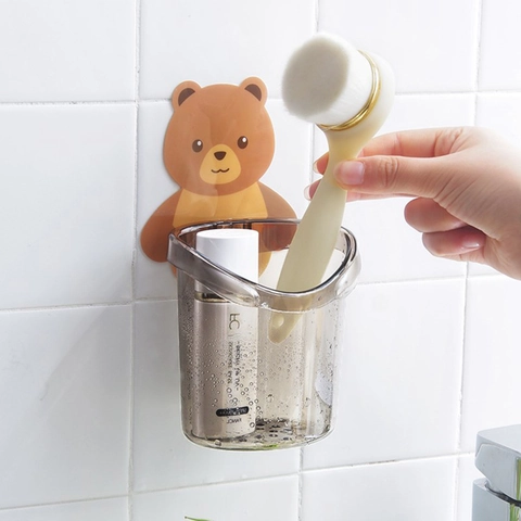 Portaspazzolino a Forma di Orso Cartone Animato Montaggio a Parete in Plastica Tazza Portaoggetti Bagno Senza Foro Adesiva