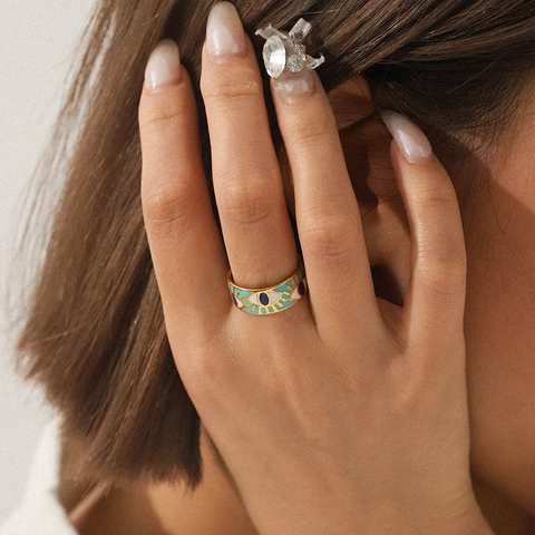 Evil Eye Offener Ring Edelstahl Emaille Verstellbar Schmuck Für Damen Vintage Ins Stil Nischen Design Goldton