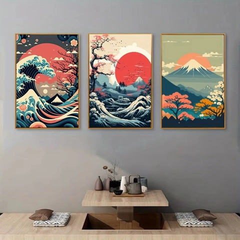 Japanese Retro Ukiyo-e Style Wall Art Canvas Print Unframed Poster Mt Fuji Cherry Blossoms Great Wave Home Decor