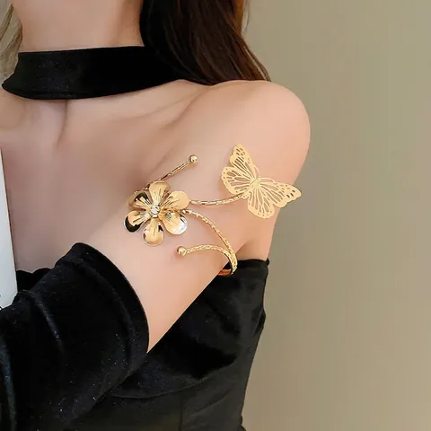 Gold Alloy Butterfly Arm Cuff Bracelet Adjustable Hollow Flower Rhinestone Open Upper Armband For Women Party Jewelry